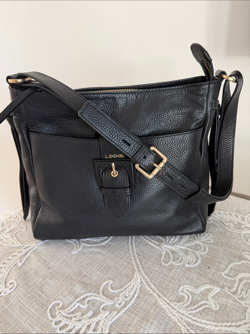 Lodis Addison Black Pebbled Leather Shoulder Bag with Gold Hardware